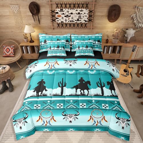 Erosebridal Full Western Comforter Set 7 Piece Longhorn Skull Dream Catcher Boho Bedding Set for Kids Teens Adult Bedroom, Cowboy Horse Western Sheet Sets Southwestern Geometric Bed in A Bag, Teal