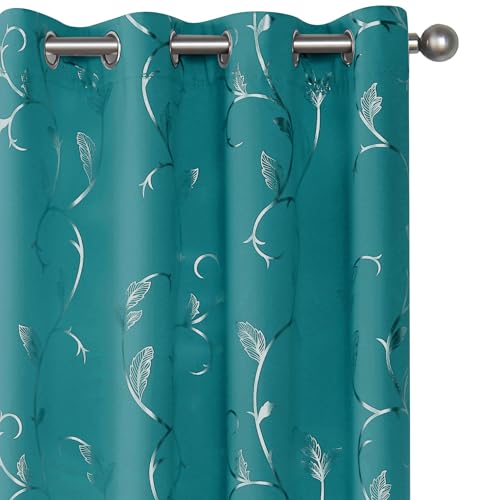 BUHUA Blackout Curtain 2 Panel Set Silver Vine Foil Print Thermal Insulated Drapes Room Darkening Curtains Grommet Window Treatment, 52 x 72 Inch, Teal Blue
