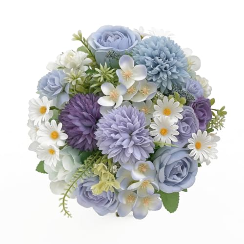 karoro Silk Blue Flowers Bouquet, Artificial Floral Arrangements with Hydrangea and Daisies, Fake Flowers for Wedding, Bridal Bouquets, Home Decor, Table Centerpieces (Blue White, Small)