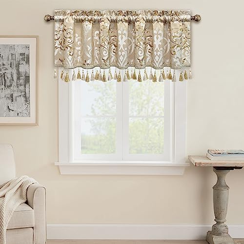 "Loom and Mill Luxury Embroidered Valances for Living Room Kitchen Window, Classic Modern Jacquard Window Curtain Valance with Tassels, Rod Pocket Short Curtain 1 Panel for Bedroom (Sand,54""x18"")"