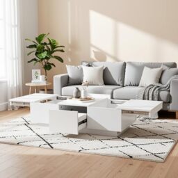39F Furniture Dream Coffee Table, White High-Gloss Living Room Table with Push-Pull Storage, Double-Sided Drawers, Modern Particle Board, 100x50x31cm