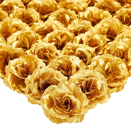 50 Pack Gold Roses Artificial Flowers Bulk, 7.6 cm Stemless Fake Silk Roses for Decorations, Wedding, Faux Bouquets