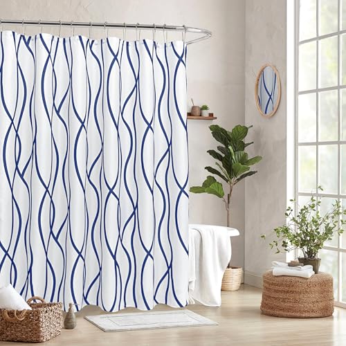 Biscaynebay Extra Long Textured Fabric Shower Curtain 72 W x 84 L, Navy Striped Printed Linen Modern Hotel Luxury Quality Cloth Bathroom Curtains Machine Washable