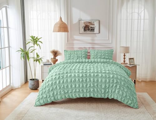 GC GAVENO CAVAILIA Sage Green Bedding Sets King Size Seersucker Duvet Cover Sets - 3-Piece Microfiber Duvet Cover King Size Button Closure- Breathable Quilt Covers Bed Set & Pillow Cases, 220x230cm