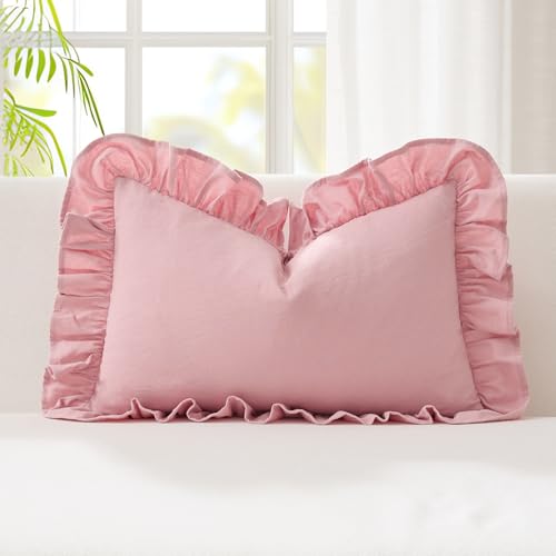 Kevin Textile 14x24 Inch Long Lumbar Pillow Cover 1 Pack 100% Cotton Lace Ruffles Scalloped Decorative Rectangle Cushion Case Soft Pillow for Bedding Couch Sofa, Pink