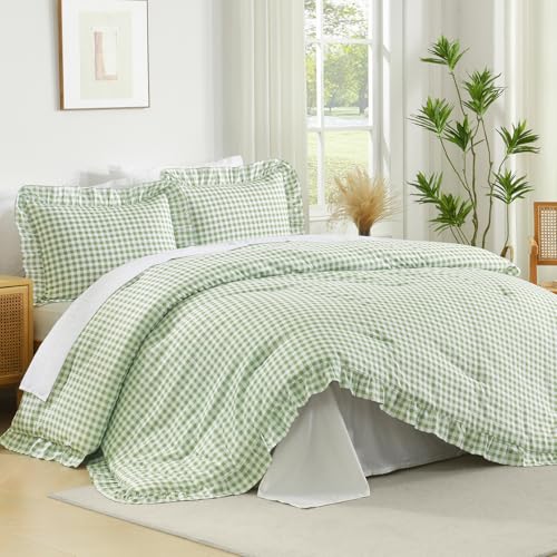 Andency Sage Gingham Ruffle Comforter King, 3 Pieces Vintage Bedding - 1 Ruffled Comforter(104x90Inch) and 2 Pillowcases???Farmhouse Shabby Chic Bed, Vintage Rustic Soft Polyester Bedding Set