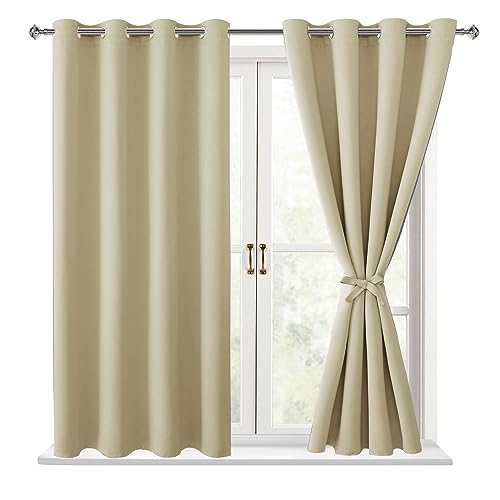 Hiasan Blackout Curtains for Bedroom, 52 x 54 Inches Long - Thermal Insulated & Light Blocking Window Curtains for Living Room, 2 Drape Panels Sewn with Tiebacks, Light Beige