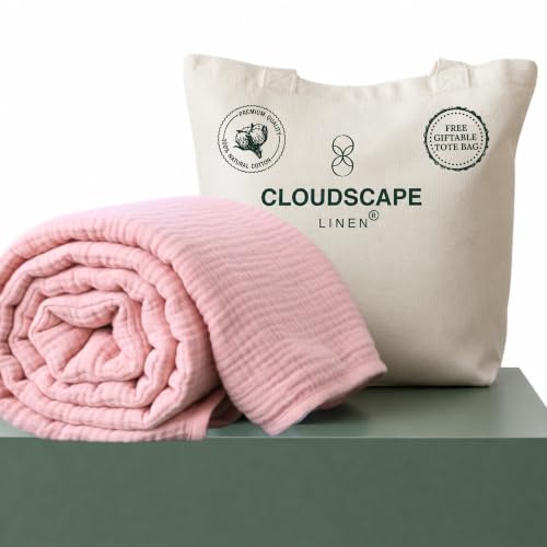"CLOUDSCAPE 4 Layer Muslin Blanket for Adults, 100% Cotton Blankets Twin Size for All-Season, 68""x92"" Fits Upto TwinXL Bed Ultra Soft Lightweight Breathable Cotton Blankets for Summer - Seashell Pink"