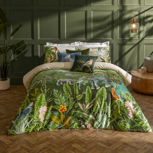 Paoletti Odisha Duvet Cover Set – Reversible Botanical Exotic Elephant Piped Edge Luxury Bedding (Jungle – Double)