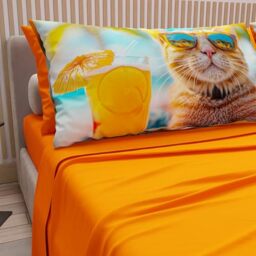 PETTI Artigiani Italiani - Animal Bed Linen with Cats in Cotton with Pillowcases in Digital Print, Single Bed Sheet, Orange Single Bed Set, 100% Made in Italy