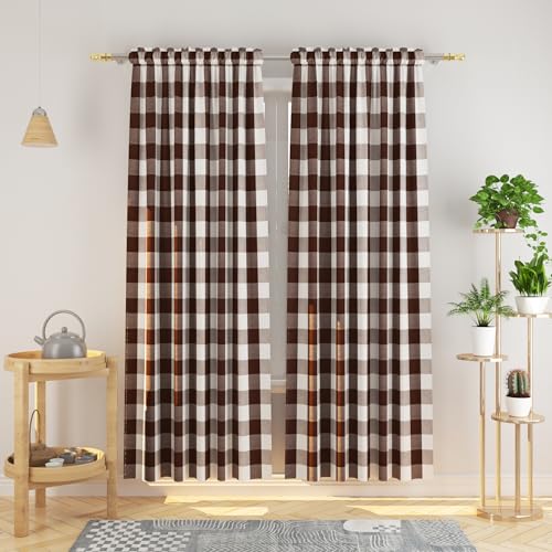 Natus Weaver Buffalo Check Curtains 84 inches Long Cotton Basement Gingham Plaid Kitchen Window Curtain Panels Living Room Checker Drapes Bedroom Rod Pocket Window Treatment 2 Panels Brown and White