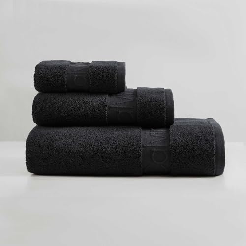 Calvin Klein - Bath Towels, Super Soft & Absorbent Cotton Towels, Zero Twist Construction, Brand Locker Loop for Easy Hanging (Iconic Solid Black, 3 Piece)