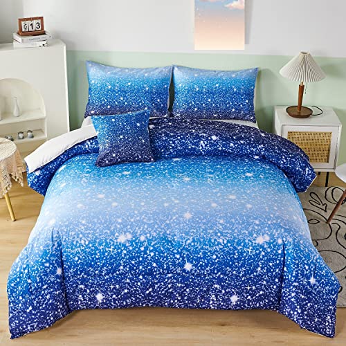 RYNGHIPY 6Pcs Gradient Aqua Blue Navy Ombre Comforter Sets with Sheets Pillowcases, Full Size Sparkle Glitter Design Comforter Bedding Collections for Kids Boys and Girls
