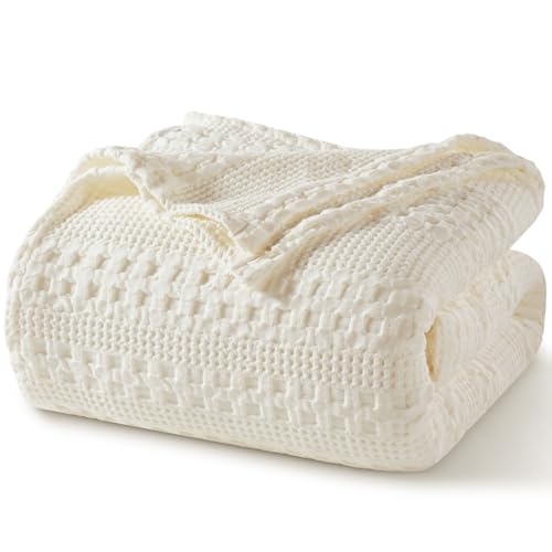 "PHF 100% Cotton Waffle Weave Blanket Twin Size for Bed, Soft Lightweight & Breathable, All-Season Comfort, Luxury Aesthetic Christmas Blanket for Home Decor, 66""x90"", Ivory"