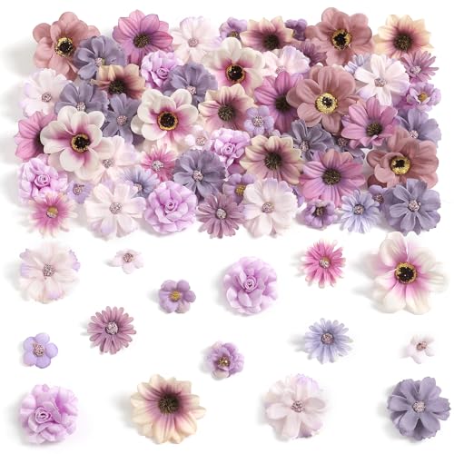 GAATEEK 90 Pcs Mini Artificial Silk Flower Heads - Purple Peony, Daisy, Rose Floral Appliques for Spring Summer Crafts - DIY Wreath Accessories for Wedding/Home Decor/Party/Graduation Cap