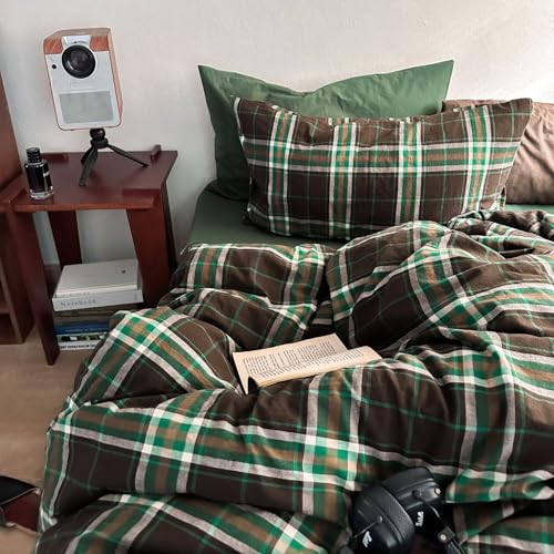 LifeTB Vintage Buffalo Plaid Duvet Cover Queen 100% Washed Cotton Brown & Green Checked Duvet Cover Set Modern Plaid 3 Piece Grid Bedding Set Super Soft Breathable Comforter Cover with Zipper Closure