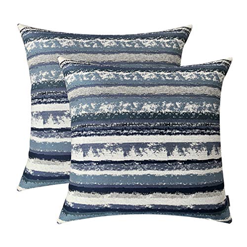"ROMANDECO Set of 2, Stripe Pillow Case Jacquard Square Decorative Throw Cushion Cover Pillowcase with Invisible Zipper for Bed 18"" x 18"" (Navy Blue)"