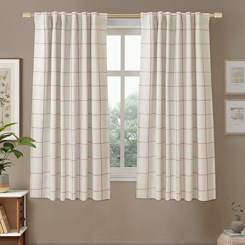 DriftAway 100% Blackout Plaid Linen Curtains 63 Inches Long 2 Panels Red - 100% Blackout, Linen Texture, Plaid Pattern, Two Layers, Rod Pocket & Back Tab, Bedroom Living Room Use, Luxury Appearance