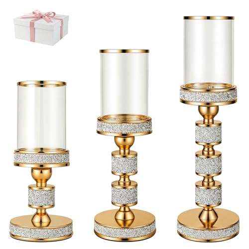 "Hurricane Candle Holder, 15.9"" Tall Metal Candle Stand, Glass Pillar Holder - Crystal Candle Holders for Table Centerpieces, Home Decor, Wedding, Dining Table"