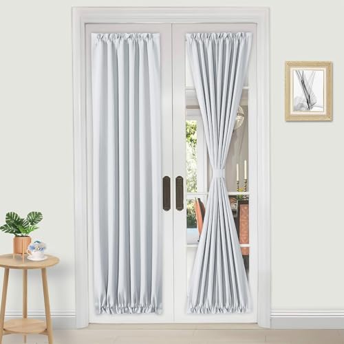 DWCN French Door Curtains ??? Rod Pocket Thermal Curtain for Doors with Glass Window, Kitchen and Patio Doors for Privacy, 25 X 80 Inches Long, 1 Curtain Panel with Tieback, Greyish White