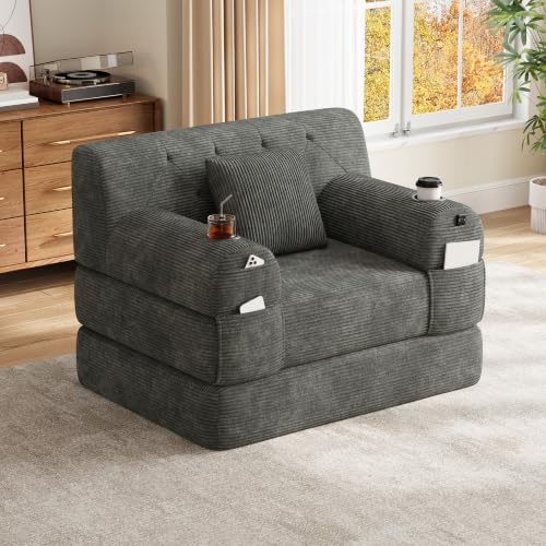Ball & Cast 1-Seater Sleeper Sofa, Compressed Corduroy Sofa with High Backrest, Metal Frame, High-Density Foam, 2 Cup Holders and 4 Side Pockets, Ideal for Living Rooms and Small Spaces, Dark Gray