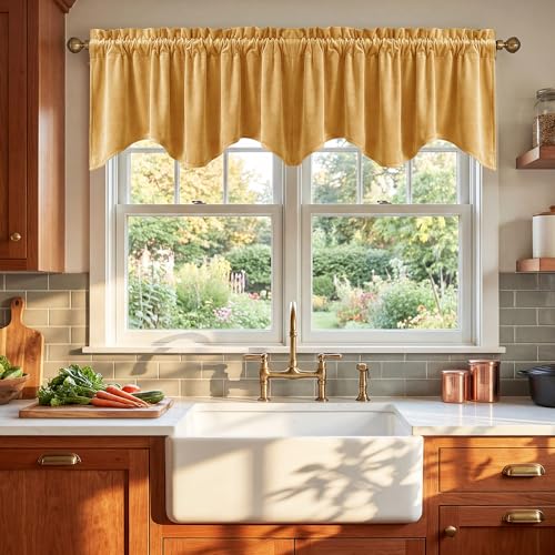 Yellowish Gold Velvet Window Valance - Home Fashion Rod Pocket Scalloped Valance Light Blocking Half Curtain Tiers Thermal Insulated Energy Saving Drapes for Guest Room/Hall, 52 x 18-inch, 1 Pack