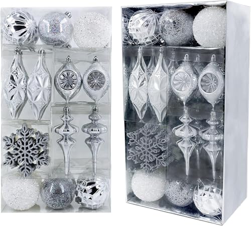 Valery Madelyn 50ct Frozen Winter Shatterproof Christmas Ball Ornaments Decoration Silver White,Themed with Tree Skirt(Not Included)