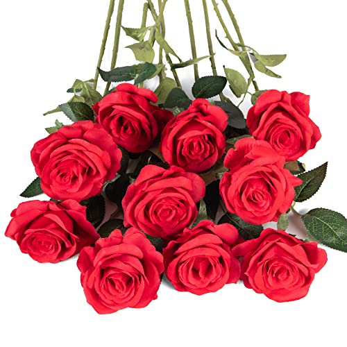 Flojery 10pcs Red Silk Roses Artificial Rose Flowers Long Stem for DIY Wedding Bouquet Table Centerpiece Home D??cor