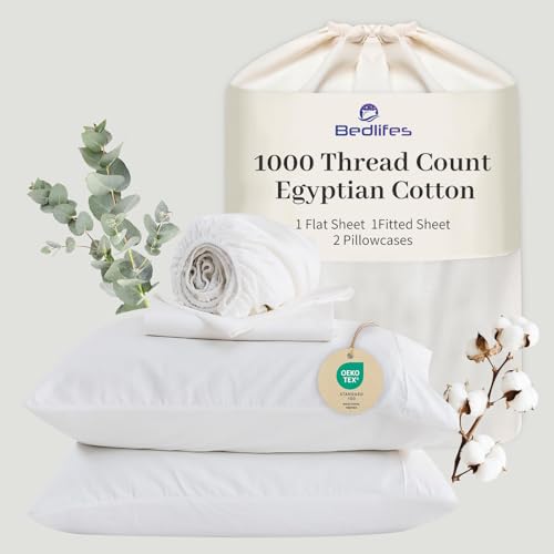 "Bedlifes Egyptian Cotton Sheets 1000 Thread Count King Size, 4-Piece 16"" Deep Pocket - Cooling & Breathable Ultra Soft Bedding for Hotel Comfort (White)"