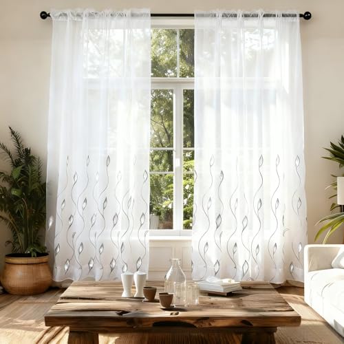 "youleyar Silver Foil Print Sheer Curtains, 2 Panels Wicker Bronzing Treatment Sheer Curtain, Rod Pocket Drapes for Bedroom and Home Decor, 52"" W x 63"" L"