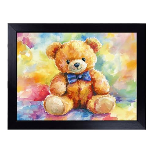 Lap Tray with Bean Bag Cushion, Teddy Bear Artwork - Handmade in the UK, Raised Wooden Edge, Padded Cushion, Heat-Resistant Wipe-Clean Surface, for Meals, Laptops and Crafts
