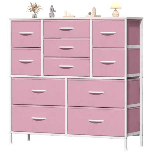 Feonase Chest of Drawers, Bedroom Tall Dresser with 11 Fabric Drawers,  Metal Frame & MDF Wood Top, Adjustable Feet, Storage Organizer Unit for  Bedroom, Closet, Living Room, Hallway Pink by Amazon |