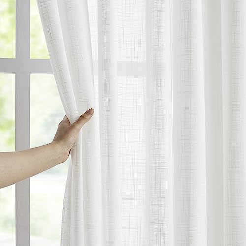 Treatmentex Semi-Sheer White Curtains for Living Room Bedroom Rich Linen Textured Privacy Window Curtain Draperies for Home Office 54???w x63???L 2 Panels Rod Pocket