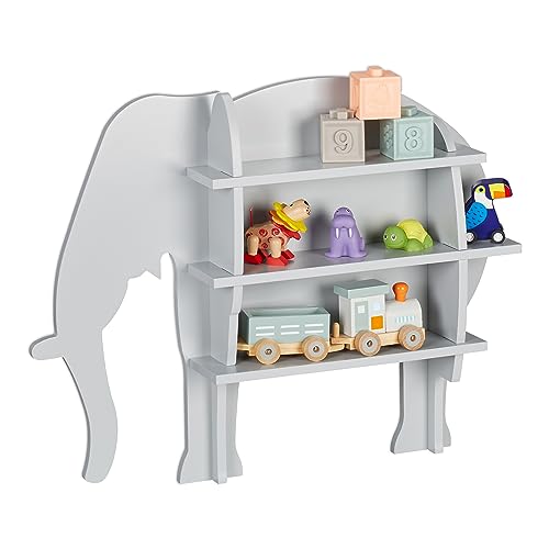 Relaxdays Children's Elephant Shelf, 2 Open Compartments, Kids Bookcase, Wall Mounted Storage, 50 x 63.5 x 10 cm, Grey