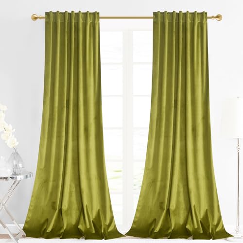 gisewood Olive Green Velvet Back Tab Curtains 108 inches Long, Block Light Thermal Insulated Window Drapes Panels for Living Room, W52 x L120, 2 Panels