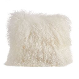 "SARO LIFESTYLE 100% Wool Mongolian Lamb Fur Throw Pillow with Poly Filling, 20"", Ivory"