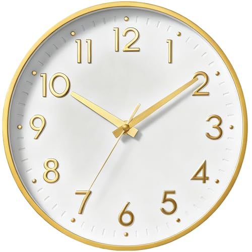 Mosewa Wall Clock 10 Inch, Battery Operated Silent Non-Ticking Modern Analog Clock Decorative for Kitchen, Bedroom, Office, Living Room(White Gold)