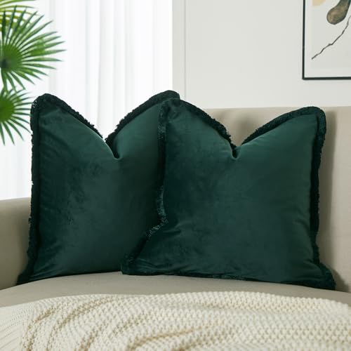 JUSPURBET Military Green Decorative Velvet Fringe Throw Pillow Covers 18x18 Set of 2 Boho Soft Cushion Case for Home Decor Living Room Couch Sofa Bed