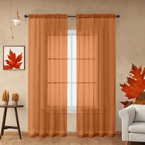 "OWENIE Orange Sheer Curtains - 96"" Long, Elegant Curtains for Bedroom & Living Room, 42"" W x 96"" L, 2 Panels"