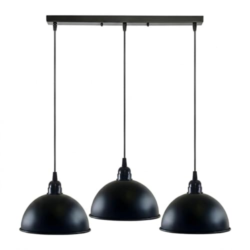 LEDSone Pendant Lamp Shade 3 Head Black E27 Bulb Base Vintage Industrial Dome Shape Ceiling Hanging Light Loft Style Metal Ceiling for Kitchen Island Living Room Dining Room E27 UK Holder Kit.