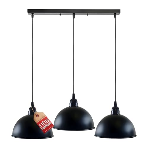 LEDSone Pendant Lamp Shade 3 Head Black E27 Bulb Base Vintage Industrial Dome Shape Ceiling Hanging Light Loft Style Metal Ceiling for Kitchen Island Living Room Dining Room E27 UK Holder Kit.