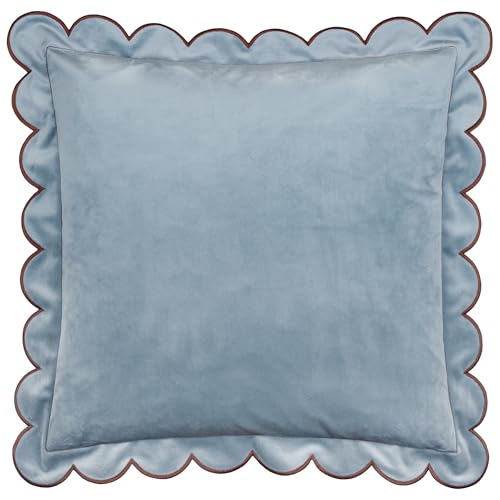 furn. Lil Scallop Polyester Filled Cushion – Colourful Velvet Piped Scalloped Edge Decorative Pillow (Blue/Brown – 45x45cm)