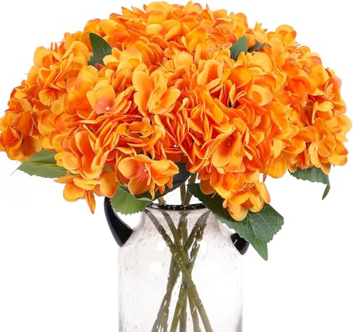 Blooming Paradise Pack of 3 Artificial Fake Flowers Plants Silk Hydrangea Arrangements Wedding Bouquets Decorations Plastic Floral Table Centerpieces Home Kitchen Garden Party Festival Bar(Orange)
