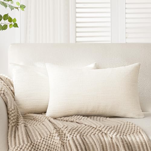 Foindtower Set of 2 Decorative Textured Burlap Linen Throw Pillow Covers Farmhouse Boho Lumbar Cushion Cover Solid Accent Pillowcase for Couch Sofa Bed Living Room Home Decor,12??20 Inch,Cream White