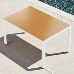 Clevich Outdoor Dining Table 140 x 90 cm, 6 Seater, WPC Top (White + Teak) - Weather-resistant patio dining table with teak-effect WPC top and rust-resistant aluminium frame for garden, balcony or BBQs