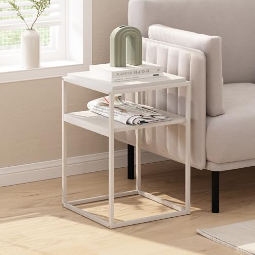 Furinno MORETTI Side Table, 2-Tier Stackable Metal Frame End Table with Open Shelf, Night Stand, Bedside Table, Toolless Assembly, for Living Room, Bedroom, White