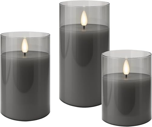 goobay Set of 3 LED Candles with Timer Function - Real Wax in Glass, Clear Grey, 3D Wick, Battery Operated, Warm White, Stylish LED Candle for Safe Decoration 77755