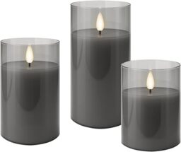 Goobay Set of 3 LED Candles with Timer Function - Real Wax in Glass, Clear Grey, 3D Wick, Battery Operated, Warm White, Stylish LED Candle for Safe Decoration 77755