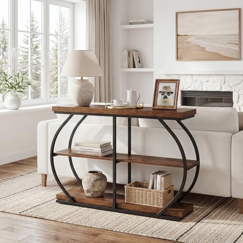 LITTLE TREE 105cm Console Table, Industrial 3-Tier Sofa Table Behind Sofa, Hallway Table, Entrance Table with Arched Metal Frame and Shelves for Living Room, Entryway, Rustic Brown