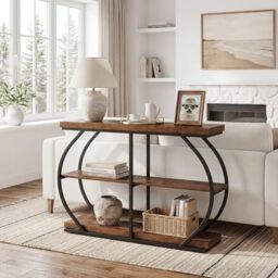 LITTLE TREE 105cm Console Table, Industrial 3-Tier Sofa Table Behind Sofa, Hallway Table, Entrance Table with Arched Metal Frame and Shelves for Living Room, Entryway, Rustic Brown